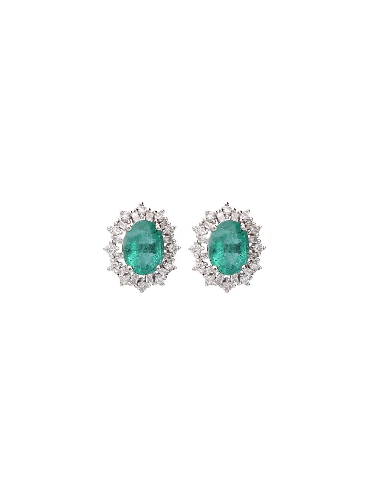 2.30ct Diamond Emerald 18K Gold Sunburst Halo Stud Earrings sold by Wish Fine Jewelry