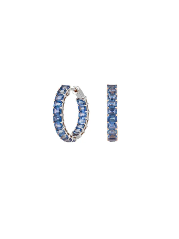 9.01ct Blue Sapphire 18K Gold Emerald Cut Hoop Earrings sold by Wish Fine Jewelry