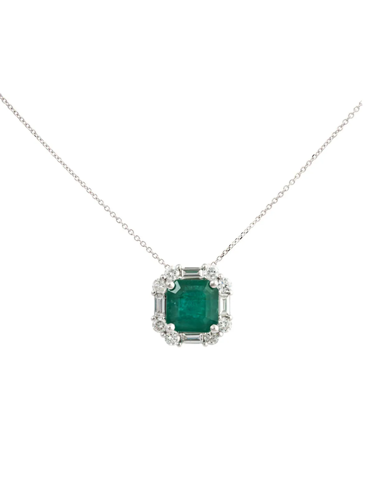3.8ct Diamond Emerald 18K Gold Halo Pendant Chain Necklace sold by Wish Fine Jewelry