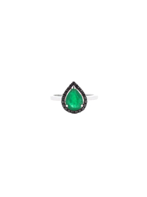 1.75ct Black Diamond Emerald 18K Gold Pear Halo Ring sold by Wish Fine Jewelry