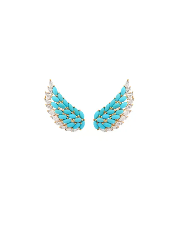3.60ct Diamond Turquoise 18K Gold Wing Climber Earrings sold by Wish Fine Jewelry