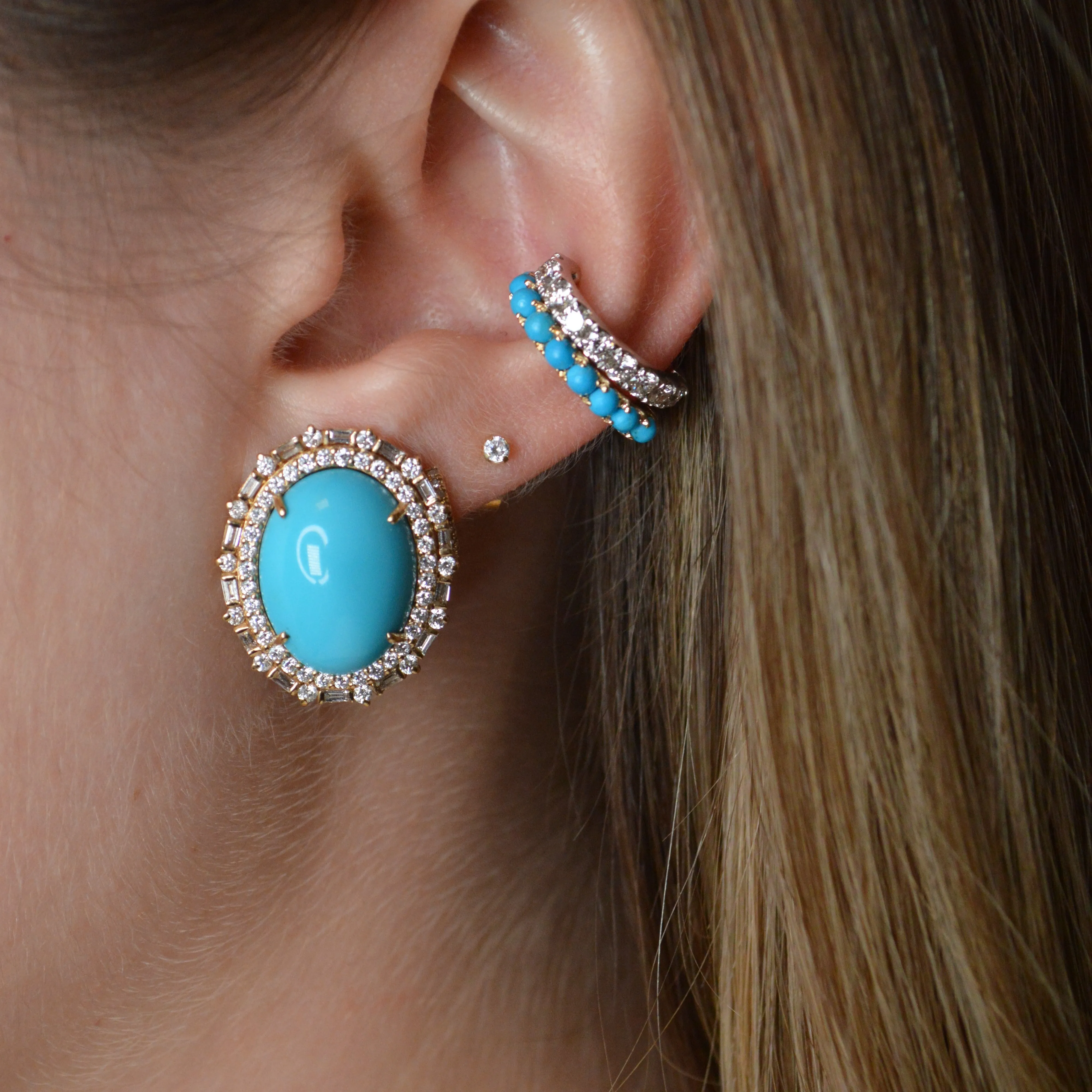 16.13ct Diamond Turquoise 14K Gold Halo Stud Earrings sold by Wish Fine Jewelry product image thumbnail 2