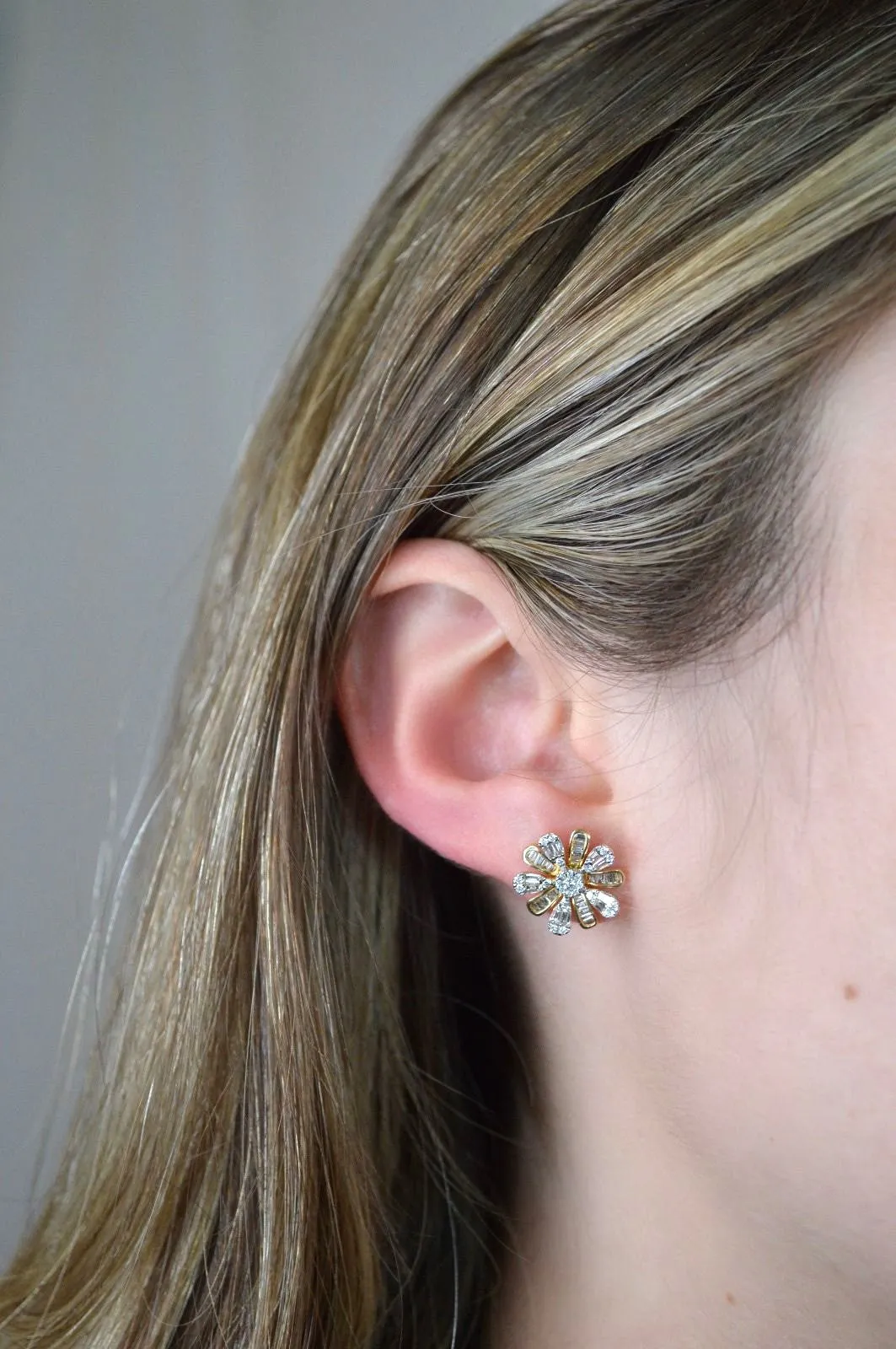 1.06ct Diamond 18K Gold Baguette Flower Stud Earrings sold by Wish Fine Jewelry product image thumbnail 2