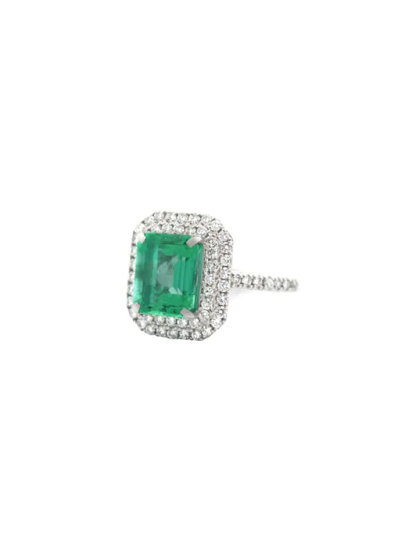 2.93ct Diamond Colombian Emerald Platinum Halo Ring sold by Wish Fine Jewelry