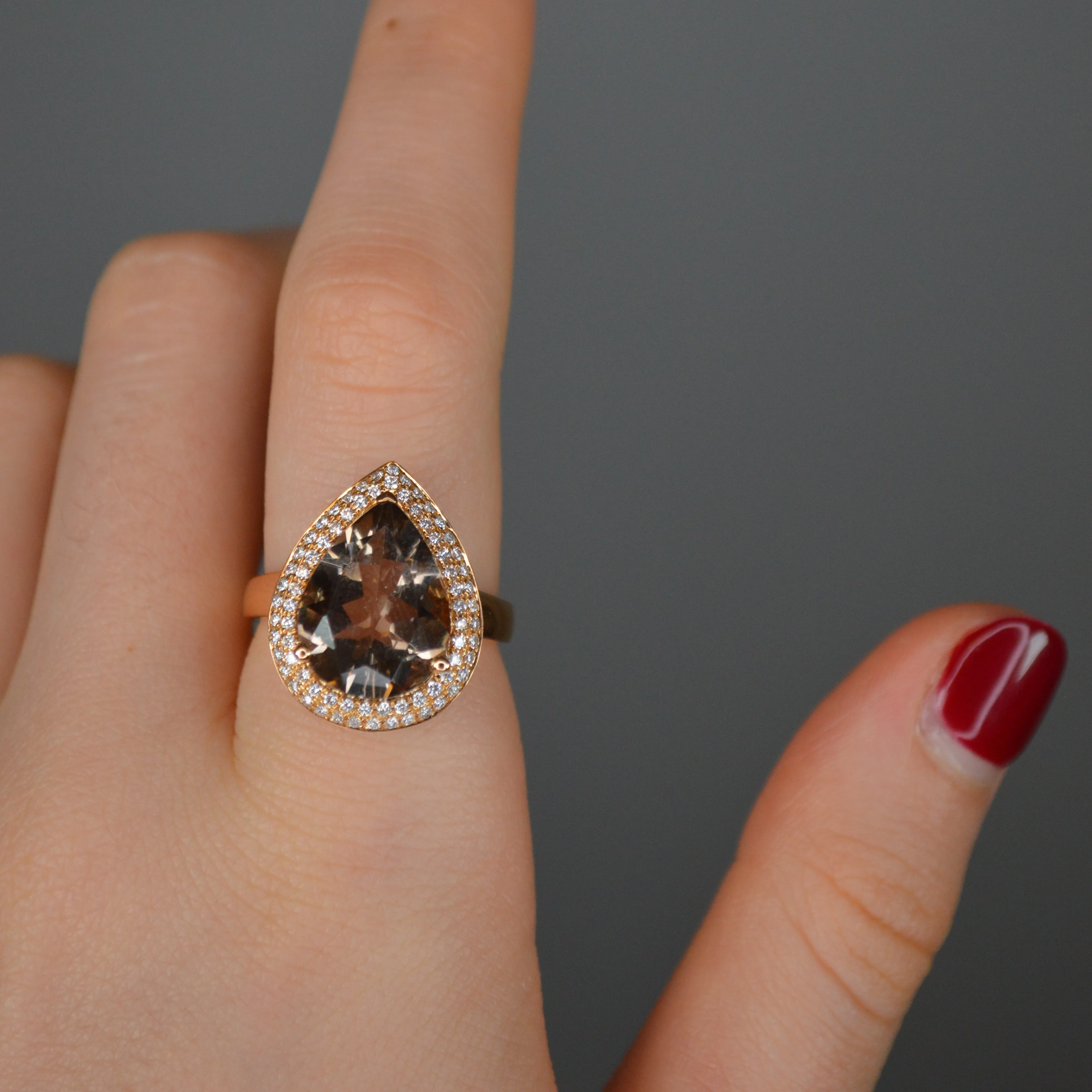 5.96ct Diamond Smokey Quartz 18K Gold Pear Halo Ring sold by Wish Fine Jewelry product image thumbnail 2