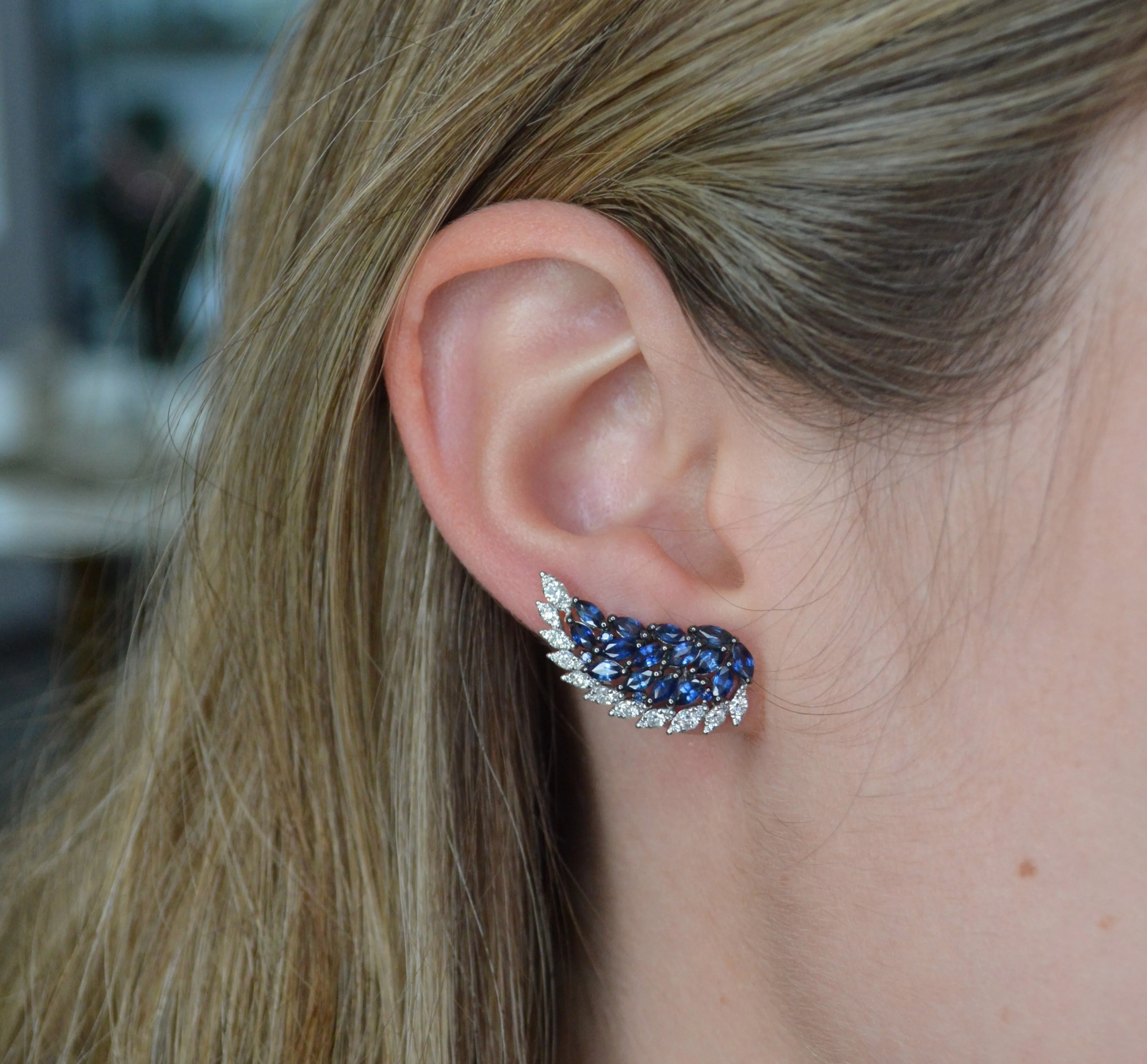 3.54ct Diamond Sapphire 18K Gold Wing Climber Earrings sold by Wish Fine Jewelry product image thumbnail 2