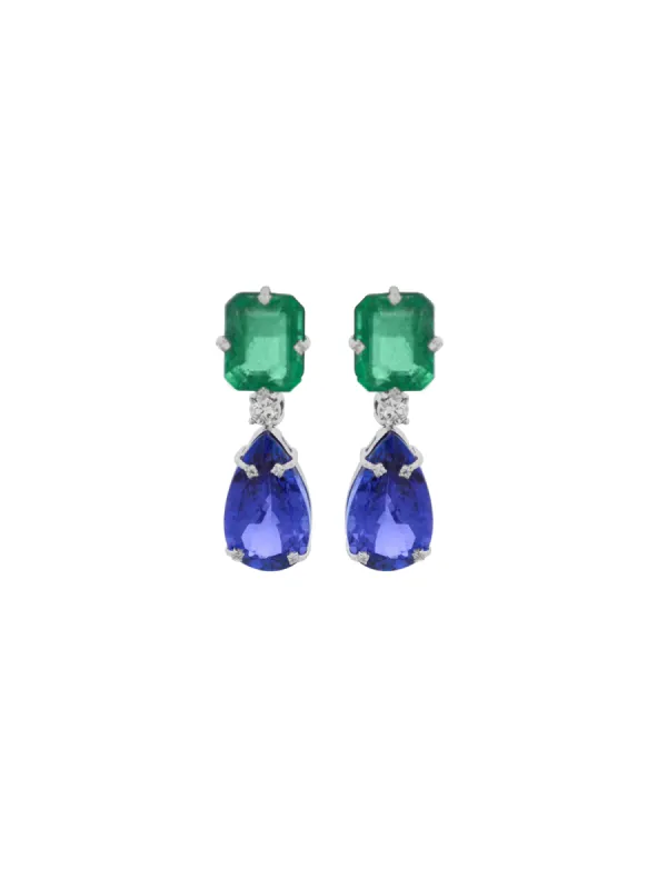 15.18ct Emerald Diamond Tanzanite 18K Gold Dangle Drop Earrings sold by Wish Fine Jewelry