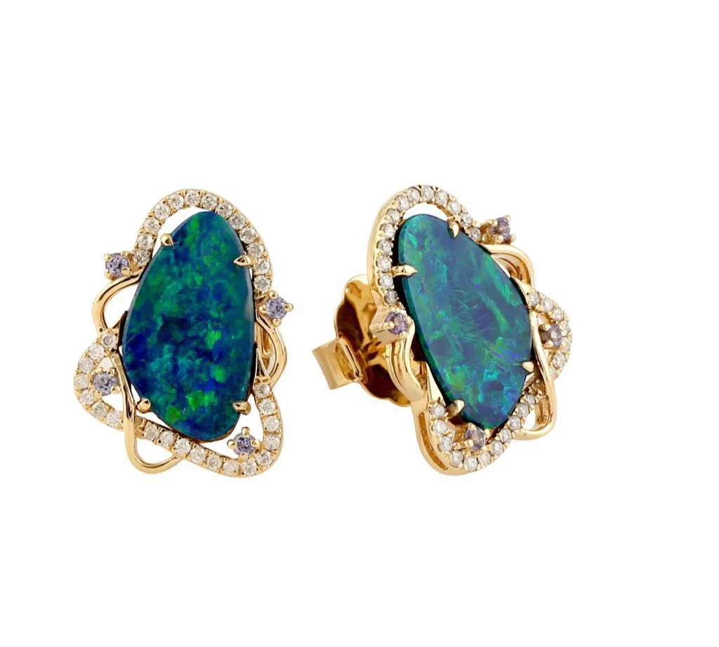 4.00ct Diamond Aqua Australian Opal Tanzanite 18K Gold Stud Earrings sold by Wish Fine Jewelry product image thumbnail 2
