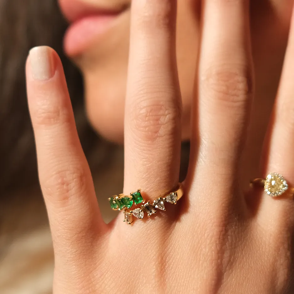 1.10ct Diamond Emerald 18K Gold Multi Shaped Bypass Ring sold by Wish Fine Jewelry product image thumbnail 2