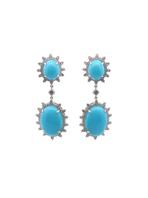 24.57ct Diamond Turquoise 18K Gold Sunburst Dangle Drop Earrings sold by Wish Fine Jewelry