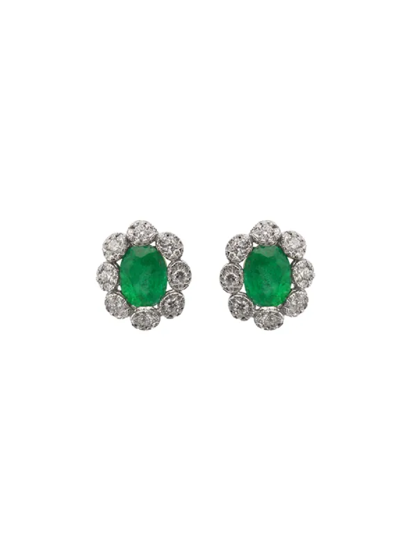2.84ct Diamond Emerald 18K Gold Halo Stud Earrings sold by Wish Fine Jewelry