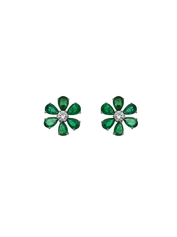 4.00ct Diamond Emerald 18K Gold Flower Stud Earrings sold by Wish Fine Jewelry