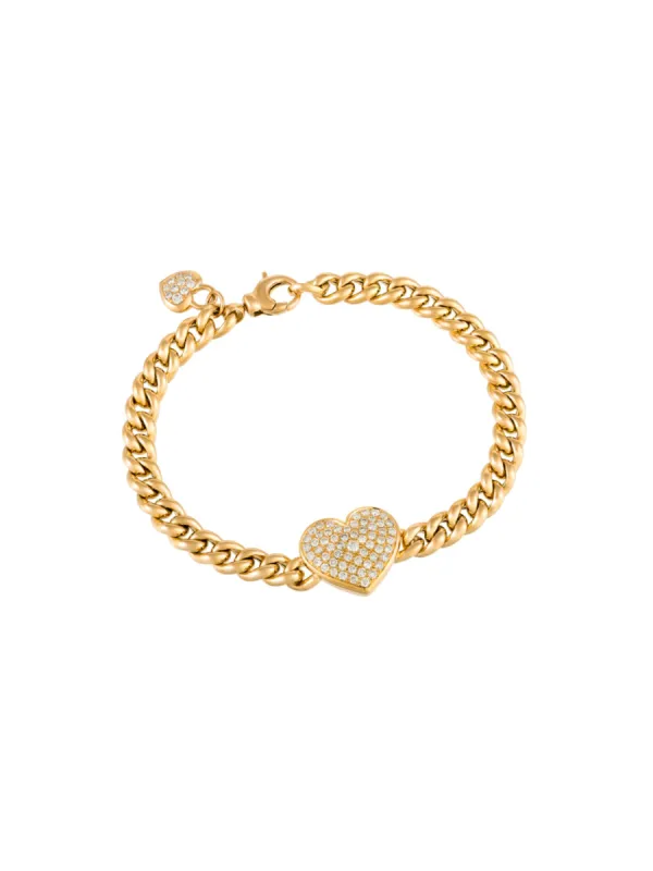 1.01ct Diamond 18K Gold Pave Heart Cuban Chain Bracelet sold by Wish Fine Jewelry