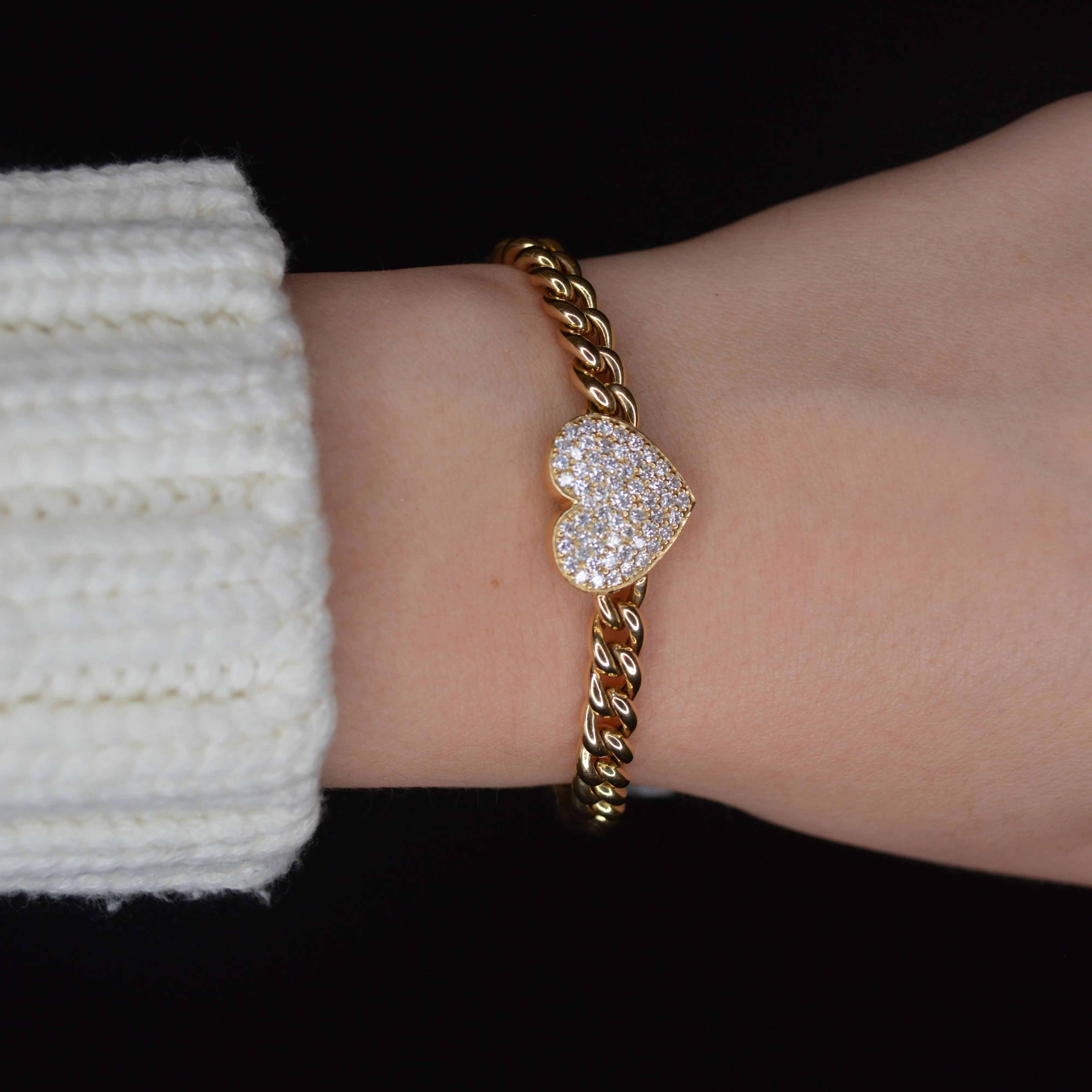 1.01ct Diamond 18K Gold Pave Heart Cuban Chain Bracelet sold by Wish Fine Jewelry product image thumbnail 4