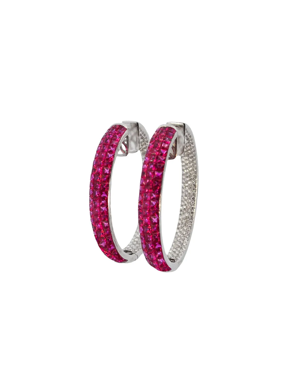 16.2ct Diamond Ruby 18K Gold Invisible Set Hoop Earrings sold by Wish Fine Jewelry