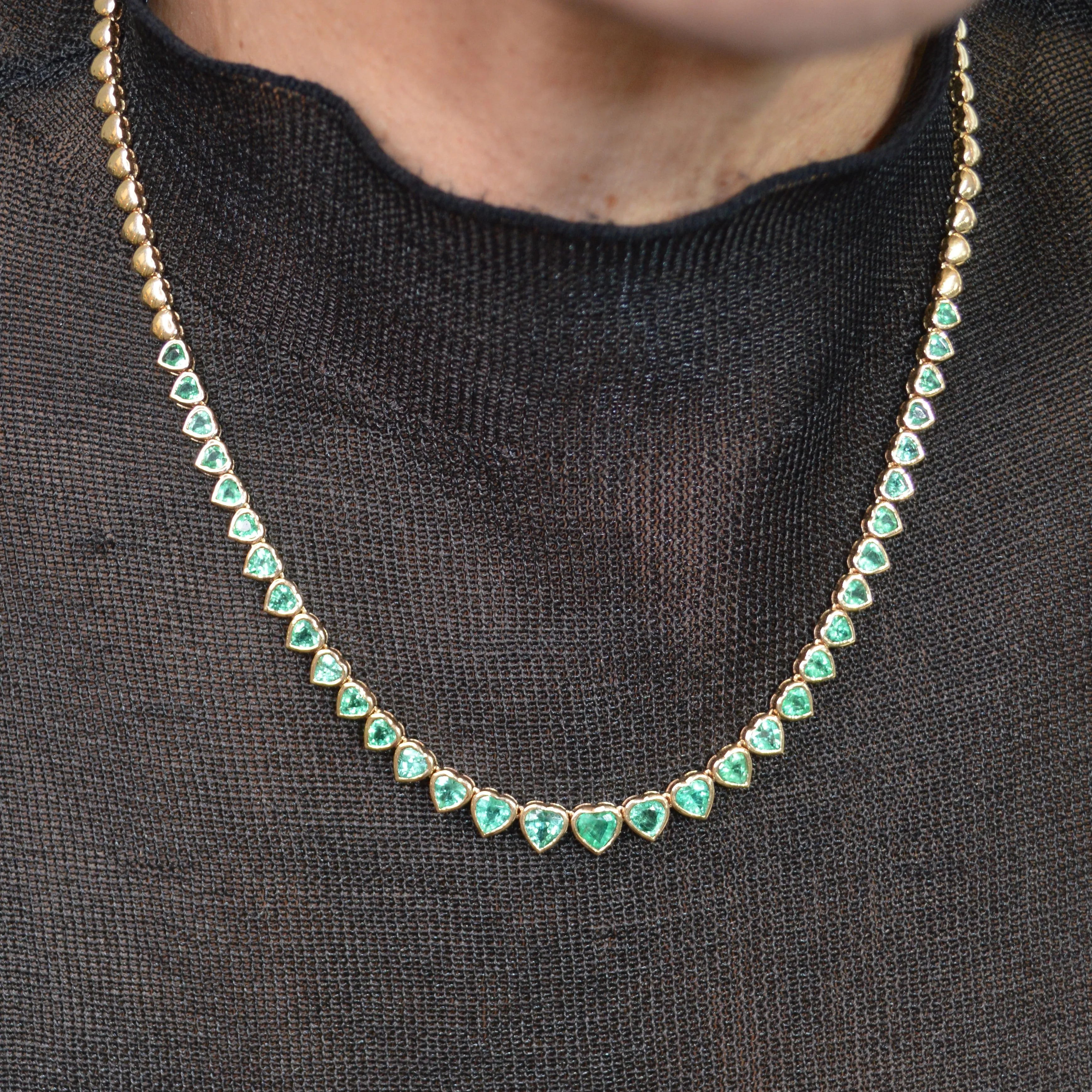 7.57ct Emerald 14K Gold Graduated Heart Cut Half Tennis Necklace sold by Wish Fine Jewelry product image thumbnail 4