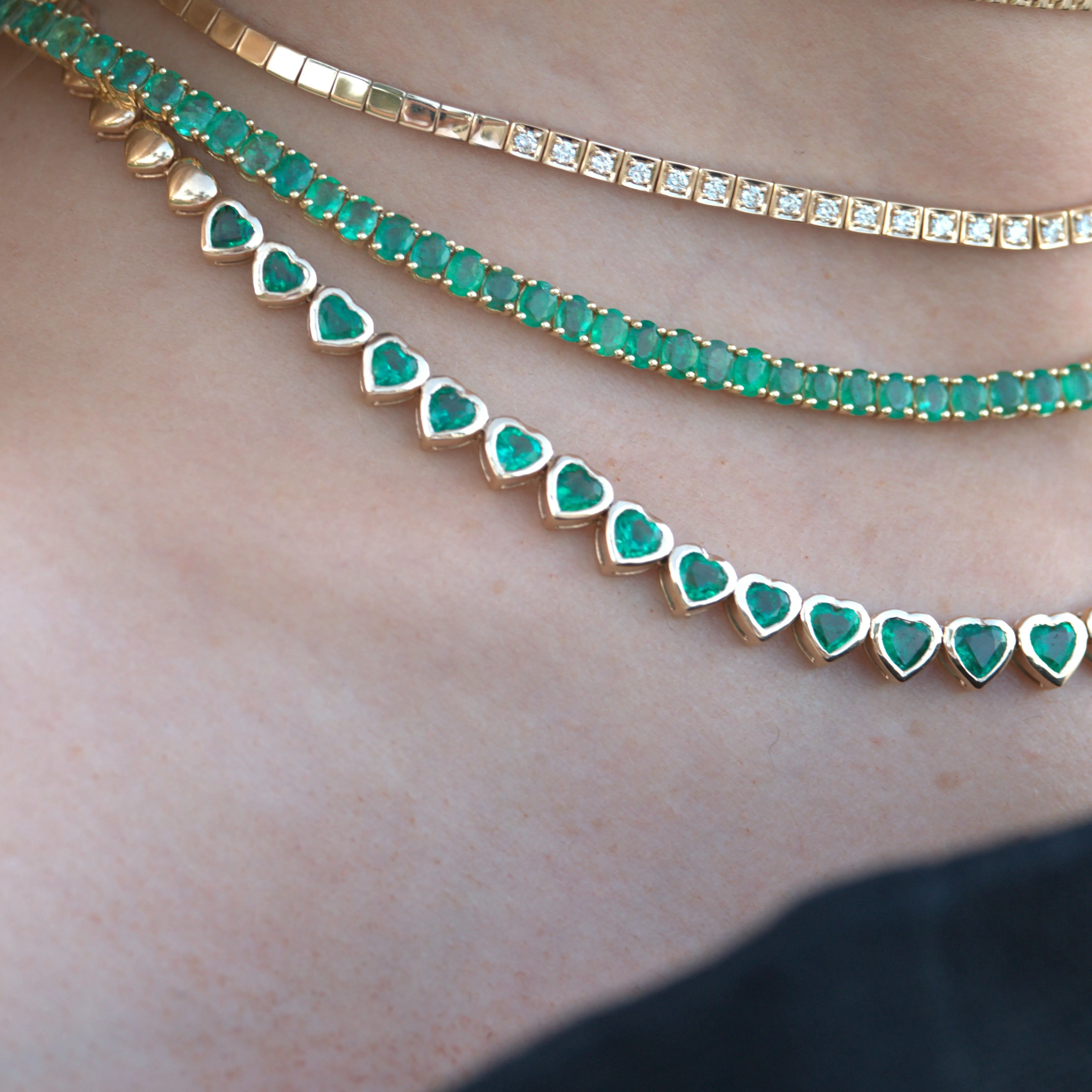 7.57ct Emerald 14K Gold Graduated Heart Cut Half Tennis Necklace sold by Wish Fine Jewelry product image thumbnail 3