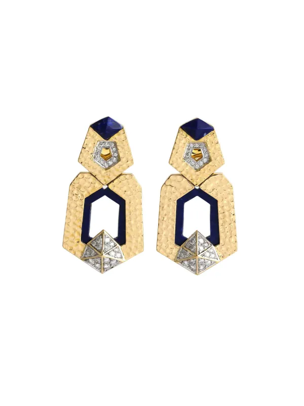 9.88ct Diamond Lapis Lazuli 18K Gold Hammered Drop Earrings sold by Wish Fine Jewelry