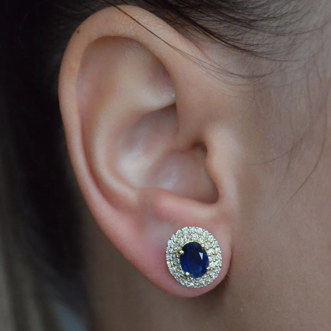 3.14ct Diamond Sapphire 18K Gold Halo Stud Earrings sold by Wish Fine Jewelry product image thumbnail 2