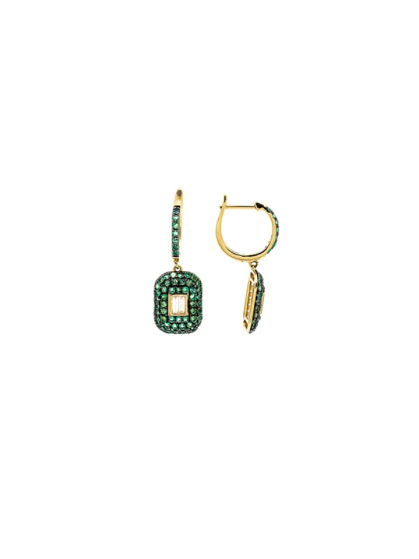 1.45ct Diamond Emerald 18K Gold Pave Round Baguette Drop Earrings sold by Wish Fine Jewelry
