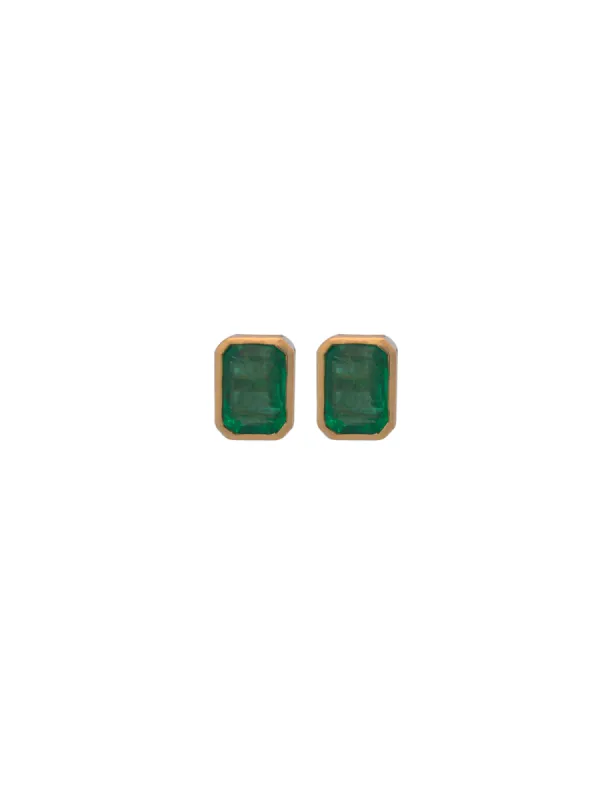 2.10ct Emerald 18K Gold Bezel Stud Earrings sold by Wish Fine Jewelry