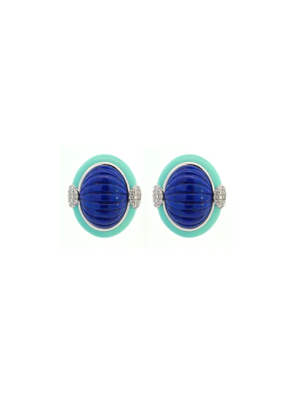18.45ct Diamond Turquoise Lapi Lazuli 14K Gold Carved Enamel Earrings sold by Wish Fine Jewelry