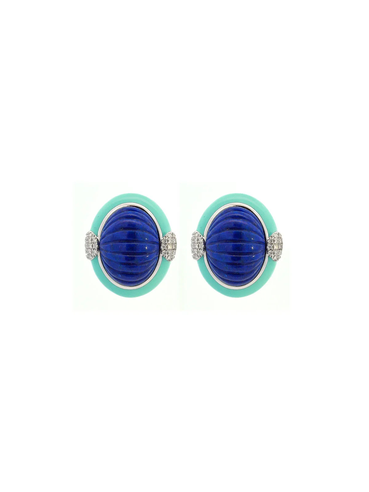 18.45ct Diamond Turquoise Lapi Lazuli 14K Gold Carved Enamel Earrings sold by Wish Fine Jewelry