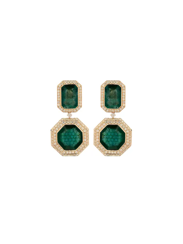 45.47ct Emerald Diamond 18K Gold Double Stone Drop Earrings sold by Wish Fine Jewelry