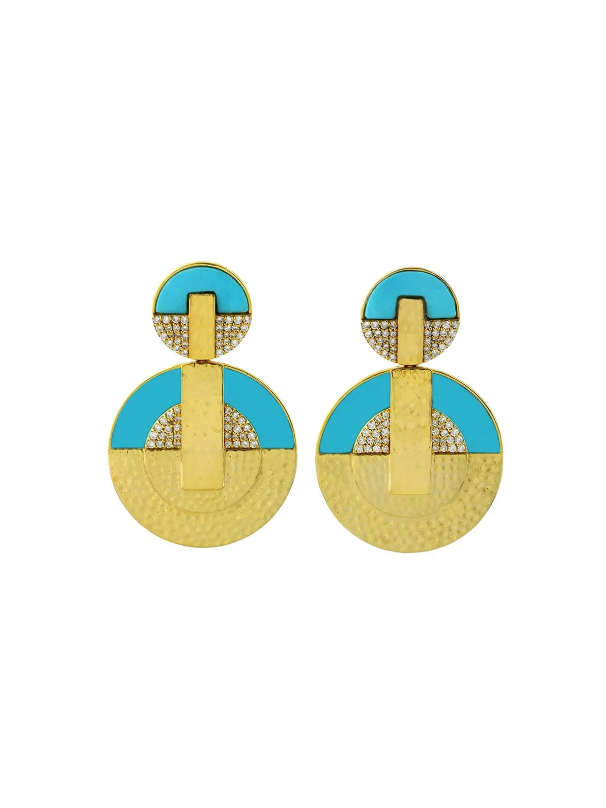 9.98ct Diamond Turquoise 18K Gold Hammered Double Disc Drop Earrings sold by Wish Fine Jewelry