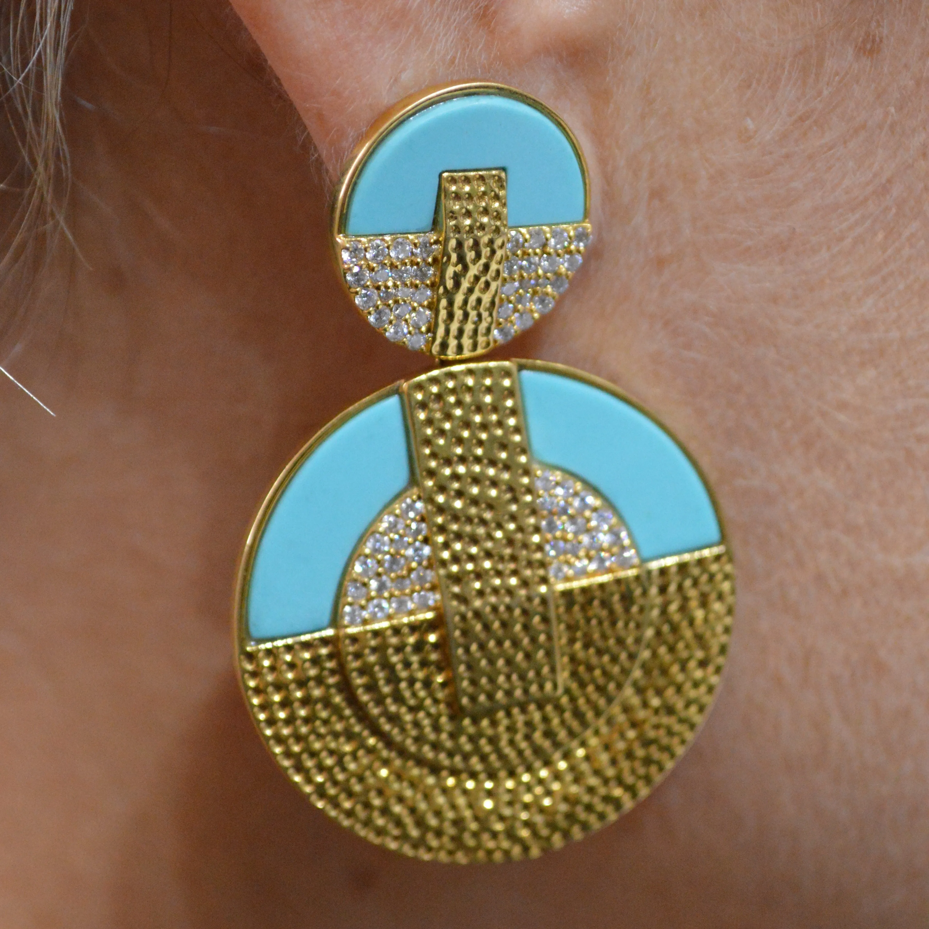 9.98ct Diamond Turquoise 18K Gold Hammered Double Disc Drop Earrings sold by Wish Fine Jewelry product image thumbnail 2