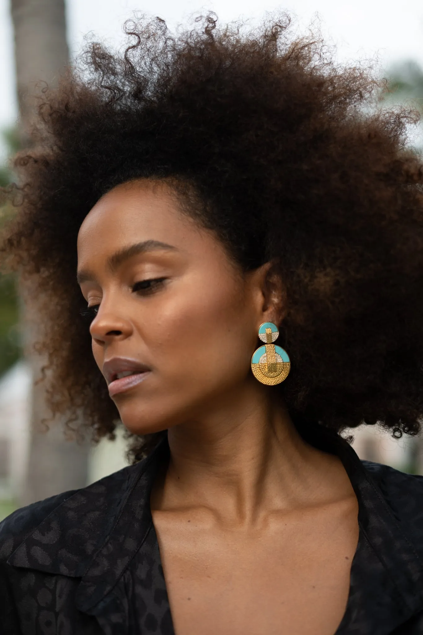 9.98ct Diamond Turquoise 18K Gold Hammered Double Disc Drop Earrings sold by Wish Fine Jewelry product image thumbnail 3