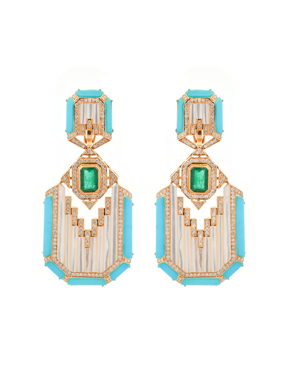 3.79ct Diamond & Emerald & Turquoise 18K Gold Statement Earrings sold by Wish Fine Jewelry