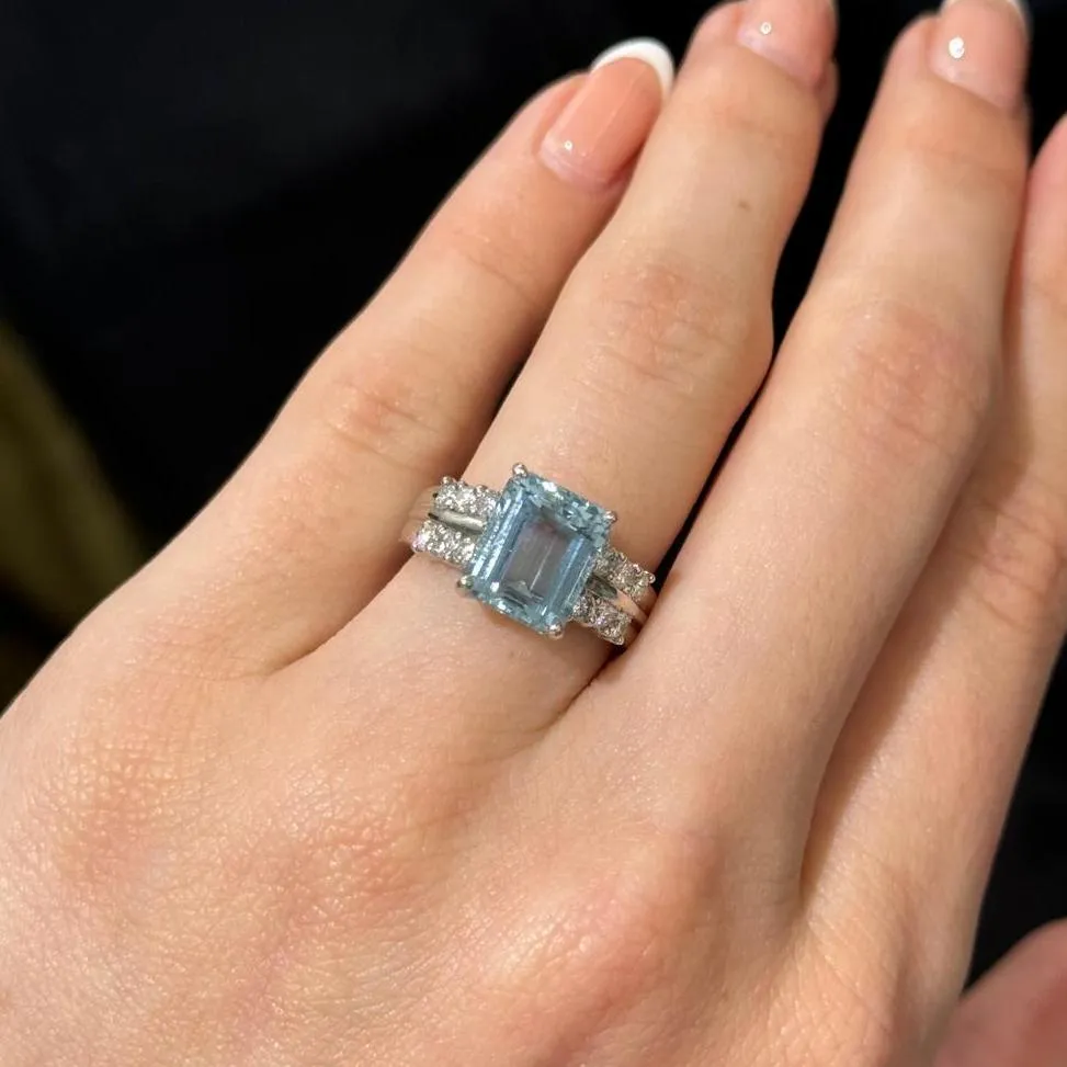 3.94ct Diamond Aquamarine Platinum Cushion Ring sold by Wish Fine Jewelry product image thumbnail 2