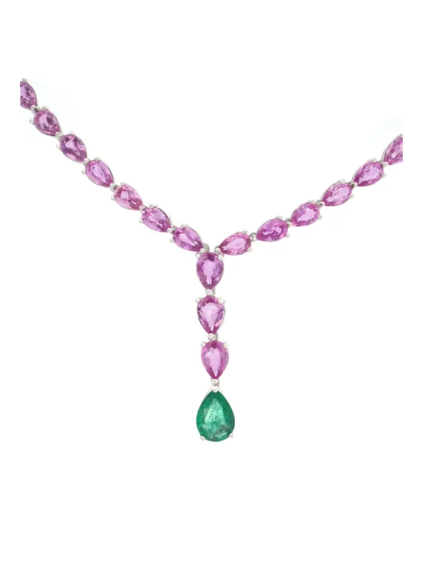 15.85ct Pink Sapphire Emerald 18K Gold Lariat Necklace sold by Wish Fine Jewelry