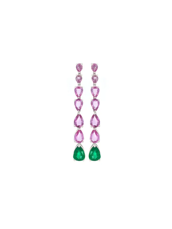 6.64ct Pink Sapphire Emerald 18K Gold Drop Earrings sold by Wish Fine Jewelry