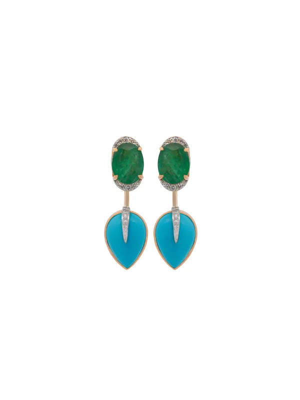 8.38ct Diamond Emerald Turquoise 18K Gold Day & Night Earrings sold by Wish Fine Jewelry