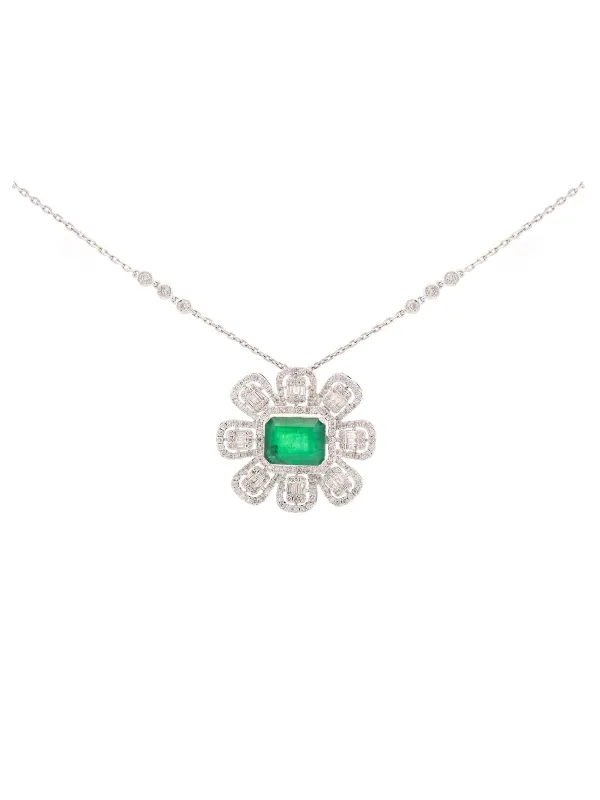4.67ct Diamond Emerald 14K Gold Flower Pendant Chain Necklace sold by Wish Fine Jewelry