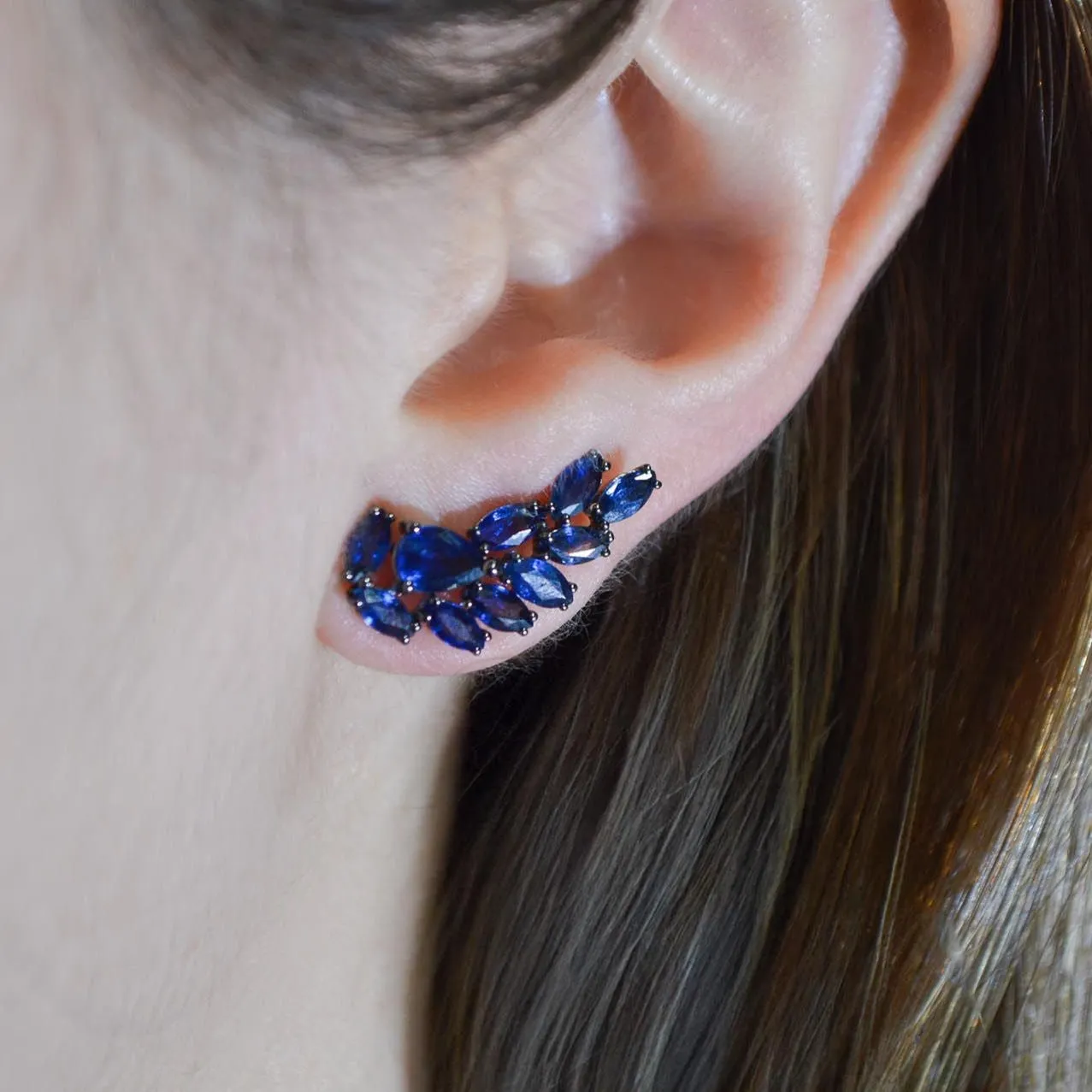 3.30ct Sapphire 18K Gold Cluster Climber Earrings sold by Wish Fine Jewelry product image thumbnail 2