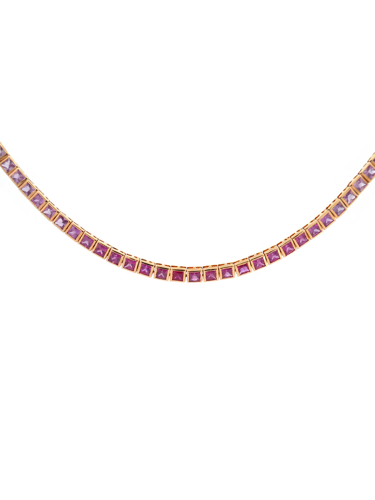 9.10ct Pink Sapphire 14K Gold Tennis Necklace sold by Wish Fine Jewelry