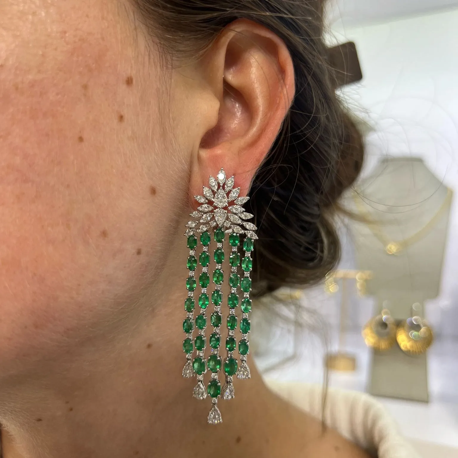 15.26ct Emerald Diamond 18K Gold Statement Earrings sold by Wish Fine Jewelry product image thumbnail 2