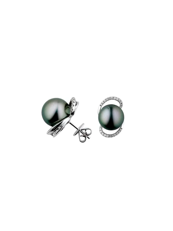 11.5mm Tahitian Cultured Pearl 0.30ct Diamond 18K Gold Swirl Earrings sold by Wish Fine Jewelry