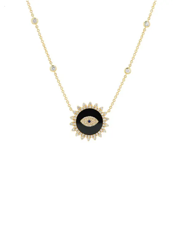 1.80ct Diamond Onyx 14K Gold Evil Eye Pendant Chain Necklace sold by Wish Fine Jewelry