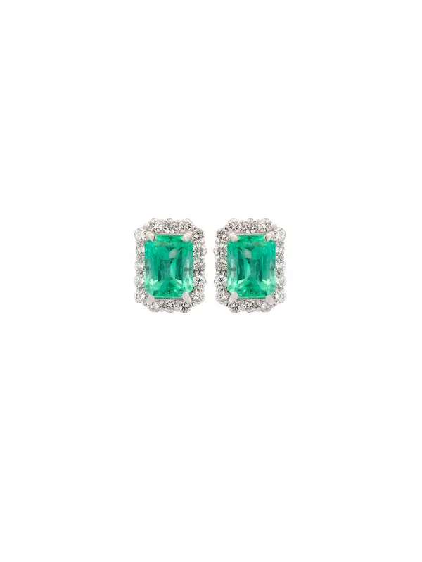 4.49ct Emerald Diamond 18K Gold Halo Earrings sold by Wish Fine Jewelry