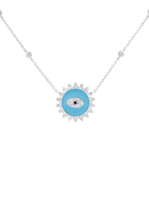 1.80ct Diamond Turquoise 14K Gold Evil Eye Pendant Chain Necklace sold by Wish Fine Jewelry