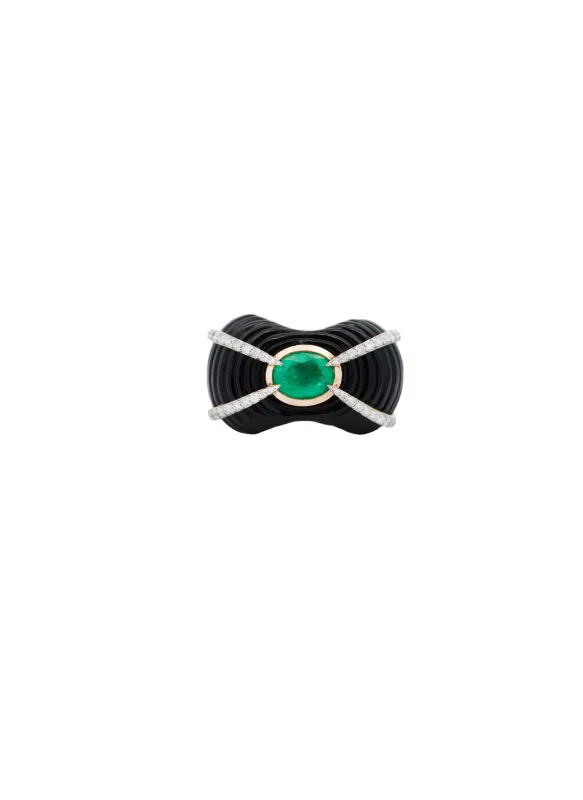 37.8ct Diamond Emerald Black Onyx 18K Gold Sculptural Ring sold by Wish Fine Jewelry