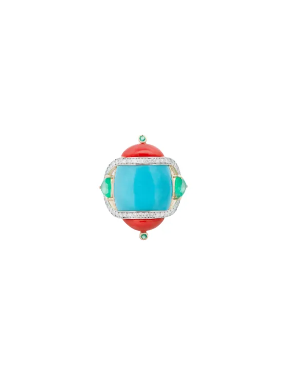 8.97ct Diamond Emerald Turquoise Coral 18K Gold Cocktail Ring sold by Wish Fine Jewelry