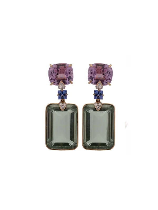 47.982cts Amethyst, Kunzite, Tanzanite and Diamond 18K Gold Earring sold by Wish Fine Jewelry