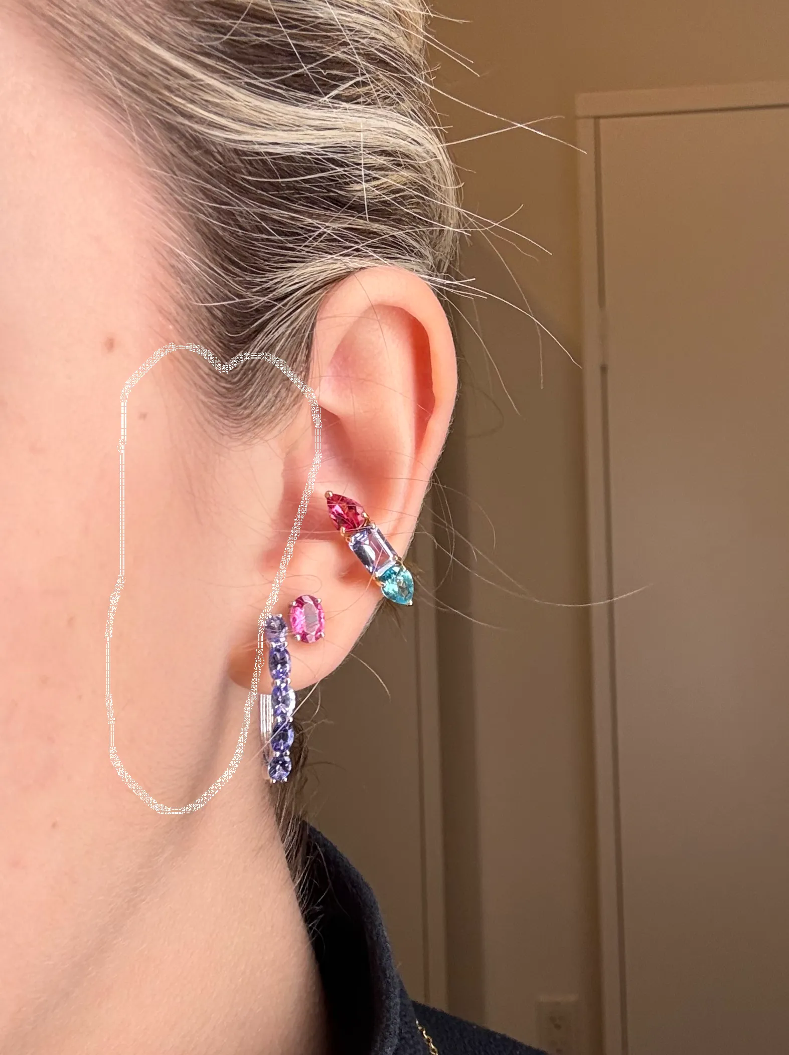Apatite Tanzanite Rubellite 18K Gold Three Stones Earcuff sold by Wish Fine Jewelry product image thumbnail 5