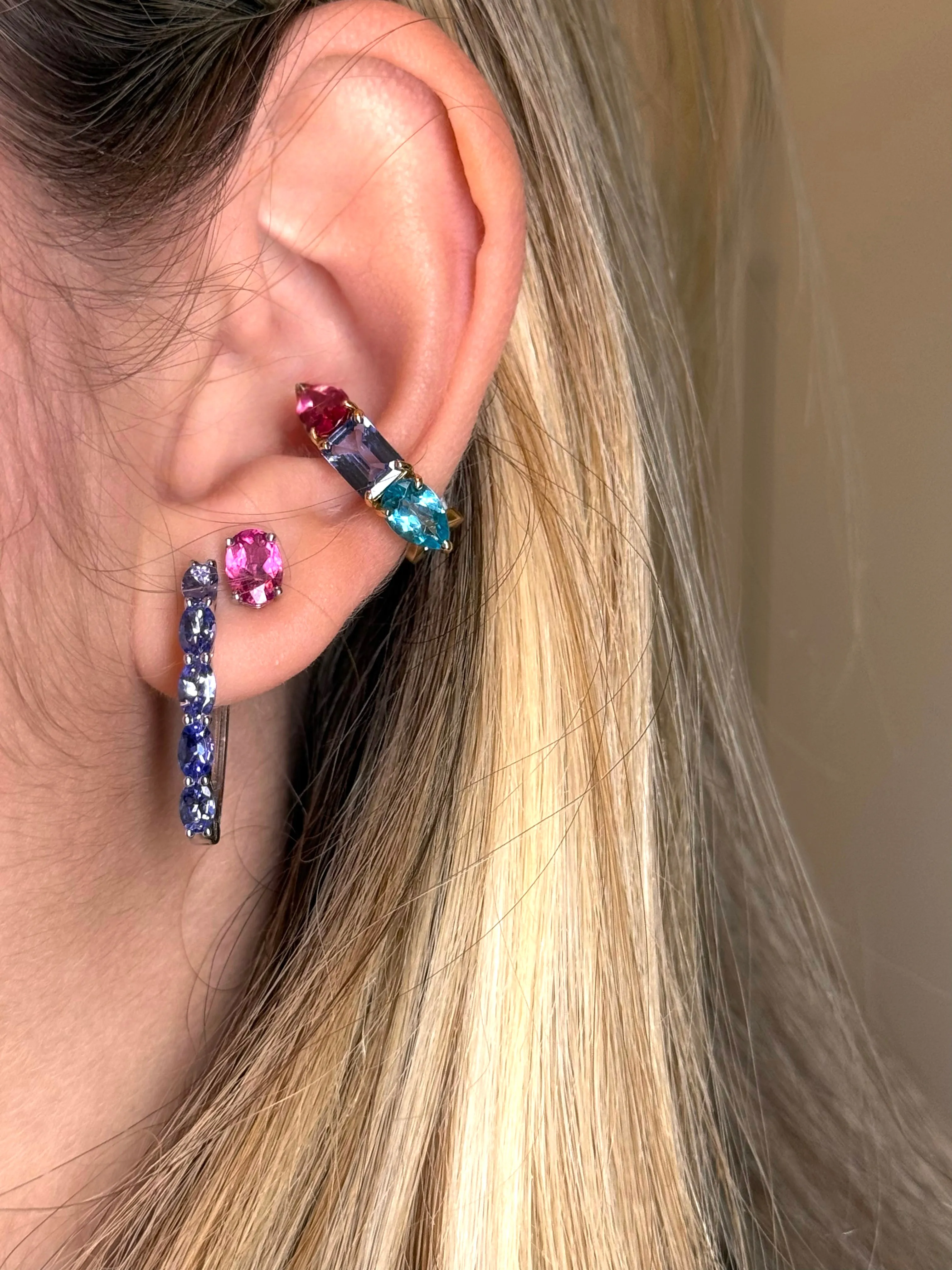 Apatite Tanzanite Rubellite 18K Gold Three Stones Earcuff sold by Wish Fine Jewelry product image thumbnail 4