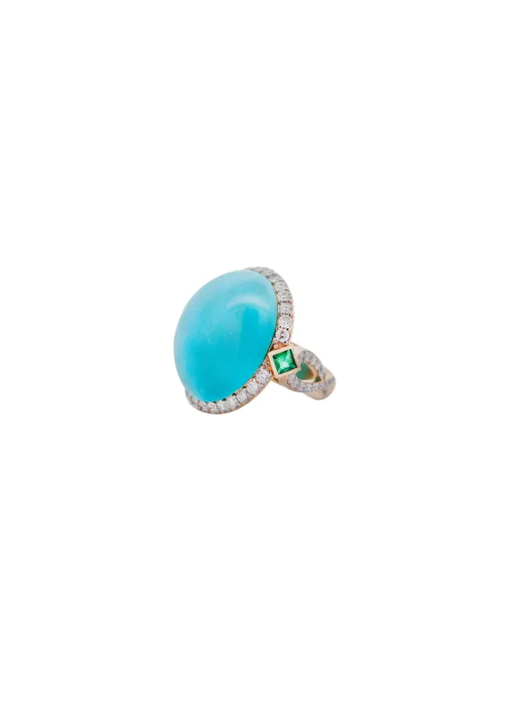 19.02ct Diamond Turquoise Emerald 18K Gold Cocktail Ring sold by Wish Fine Jewelry